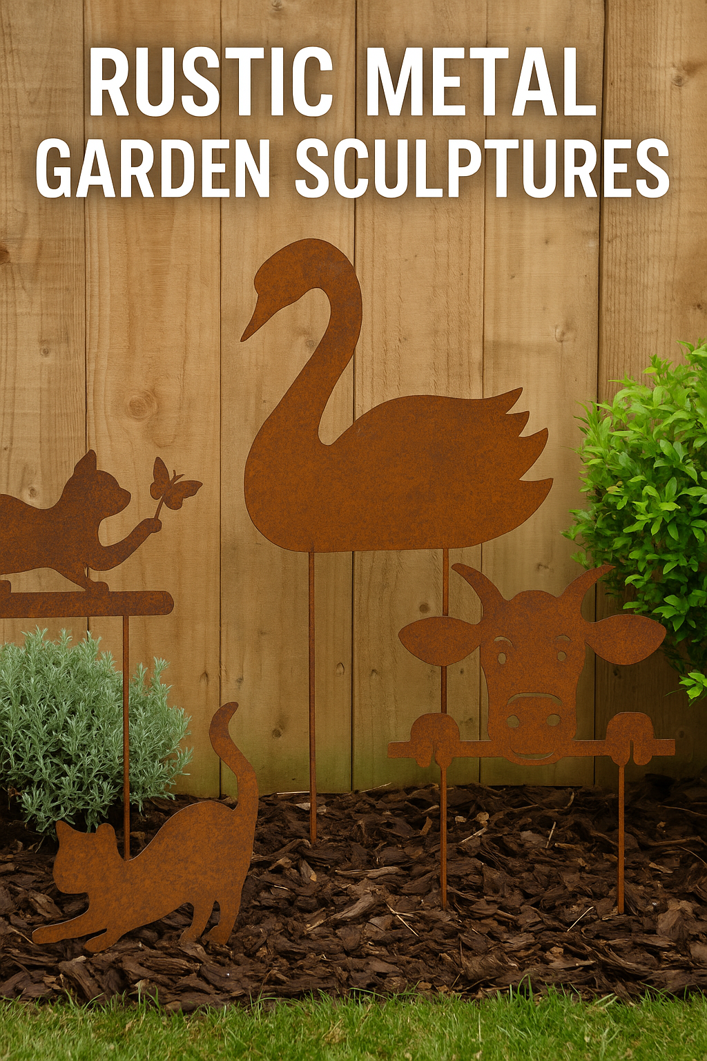 Rustic metal garden sculptures including a cat, swan, cow, and goat