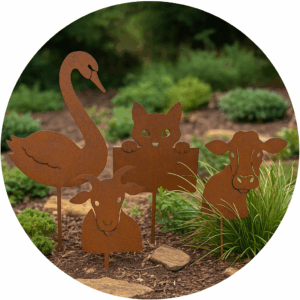 Round rustic metal garden sculptures with animal silhouettes cut into circular designs