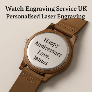 Laser engraved watch with personalised message on stainless steel back – UK engraving service
